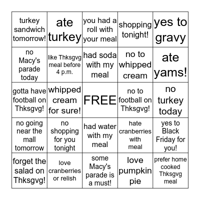 Thanksgiving Fun! Bingo Card