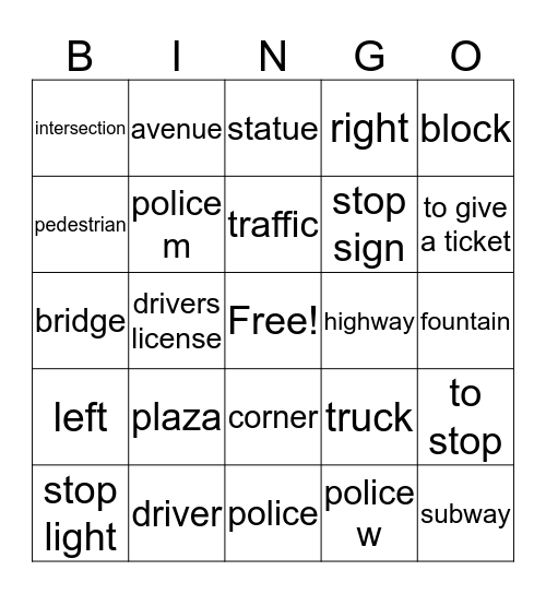 roads Bingo Card