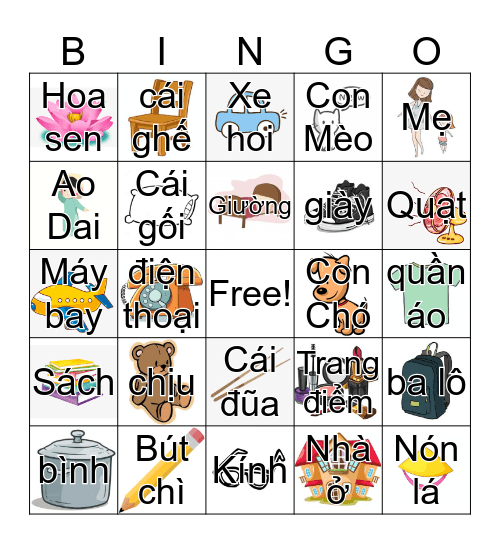 Viet-Lingo Objects Bingo Card