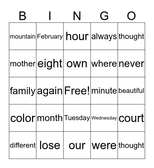 High Frequency Words Bingo Card