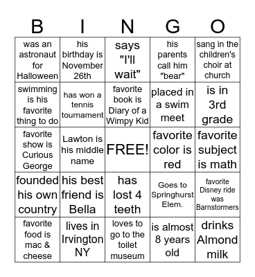 Lawton Cousin Bingo Card