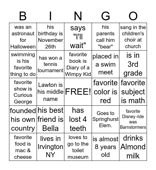 Lawton Cousin Bingo Card