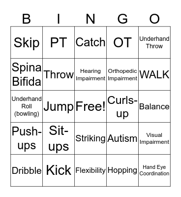 Adapted Physical Education Bingo Card
