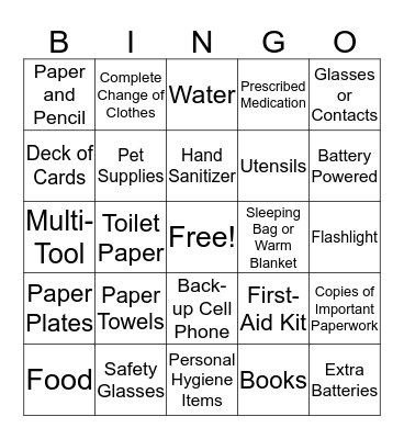 Disaster Kit BINGO  Bingo Card