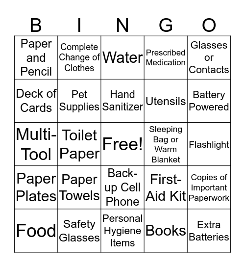 Disaster Kit BINGO  Bingo Card