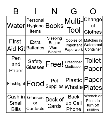 Disaster Kit BINGO  Bingo Card