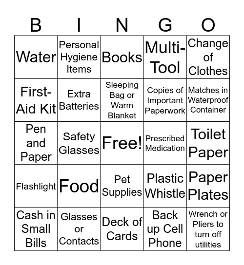 Disaster Kit BINGO  Bingo Card