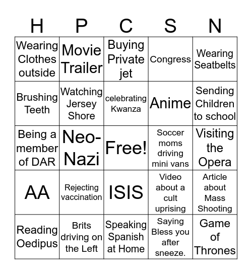 Cultural BINGO Card