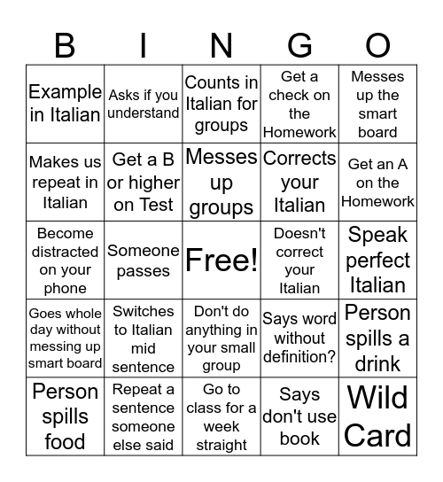 Italian 103 Bingo Card