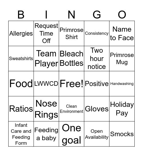 Primrose BINGO Card