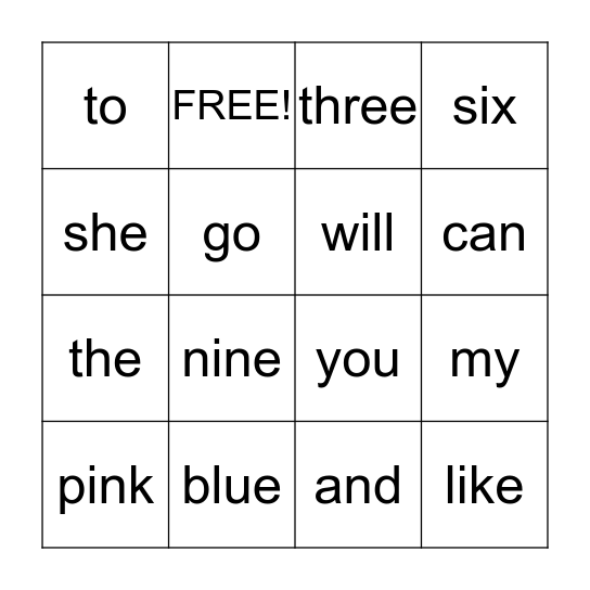 Sight Word BIngo 3 Bingo Card