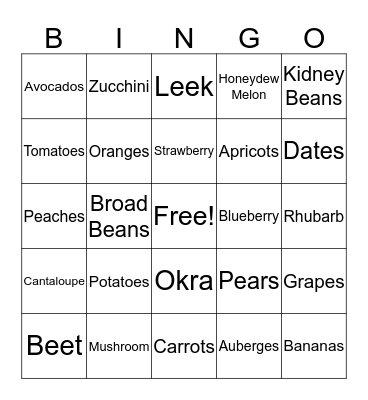 Fruits and Vegetables Bingo Card