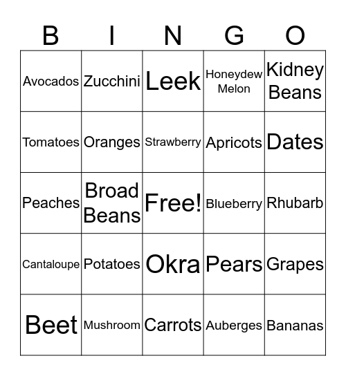 Fruits and Vegetables Bingo Card
