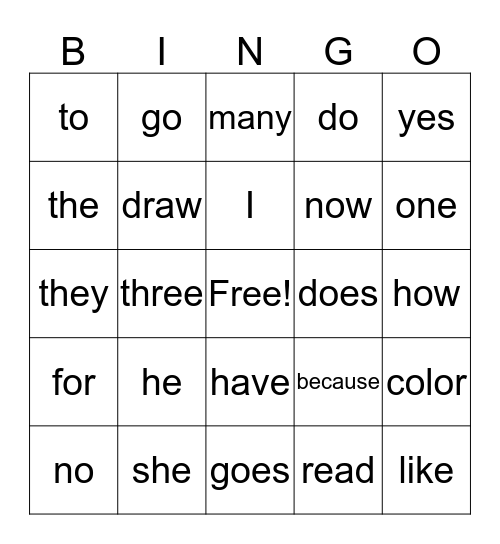 sight word Bingo Card