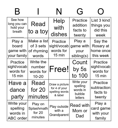 Homework Bingo Card