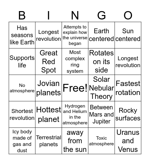 Solar System Bingo Card
