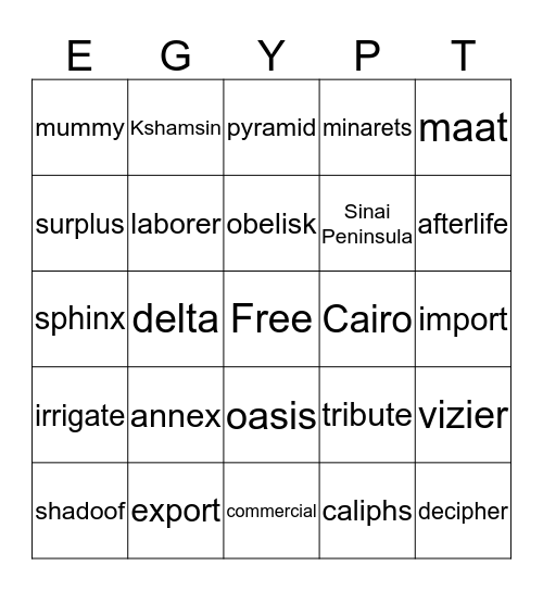 Ancient Egypt  Bingo Card