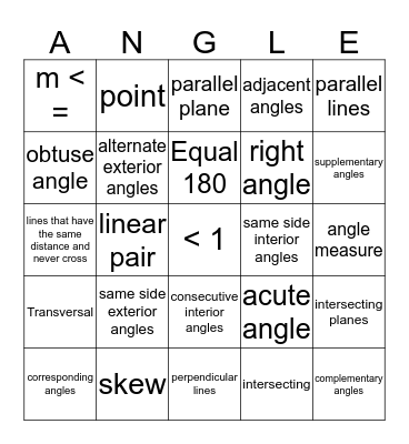 Angle relationships and pairs review Bingo Card