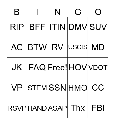 Acronym Bingo Card
