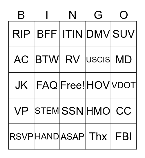 Acronym Bingo Card