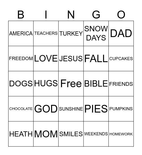 Turkey Faith  Bingo Card