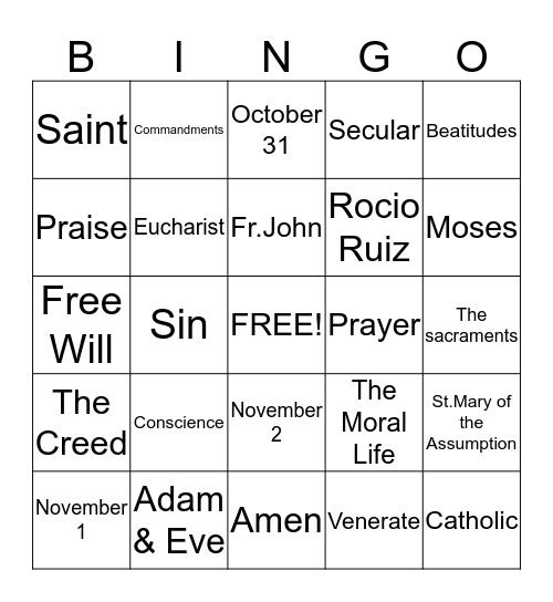 Post Communion Bingo Card