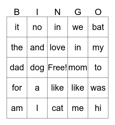 Word Bingo Card