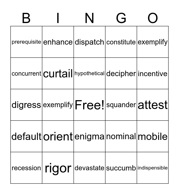 Unit 2 Vocabulary List 8,9,13 Bingo Card