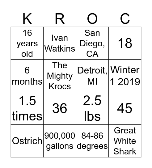 Kroc Aquatics Bingo Card