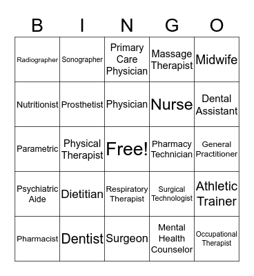 Health Professions Bingo Card