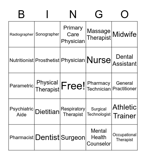 Health Professions Bingo Card