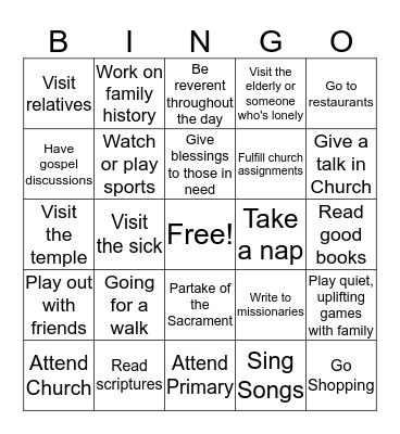 SABBATH DAY TO DO OR NOT TO DO ACTIVITIES Bingo Card