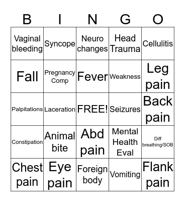 Chief Complaint  Bingo Card