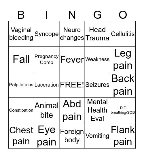 Chief Complaint  Bingo Card
