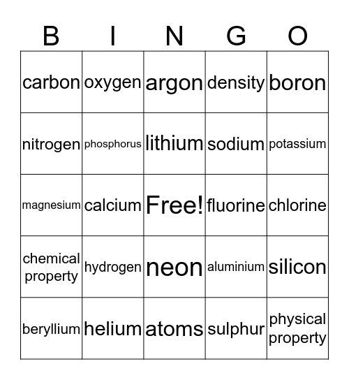 First 20 Elements Bingo Card