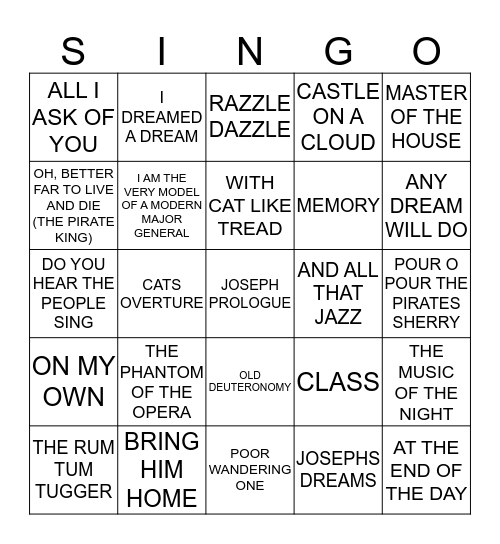 274 MUSICALS #1 Bingo Card