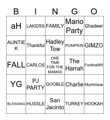 Family Thanksgiving 2018 Bingo Card