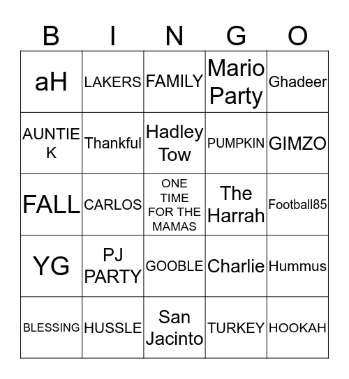 Family Thanksgiving 2018 Bingo Card