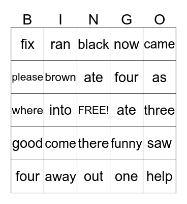 Sight Words Bingo Card