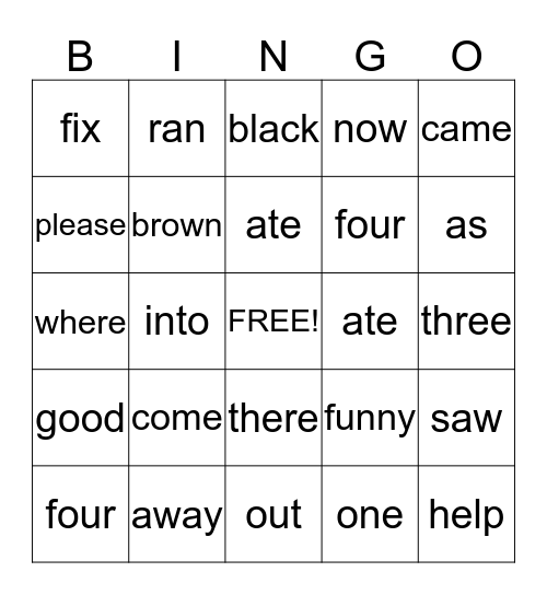 Sight Words Bingo Card