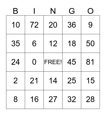 Multiplication Bingo Card