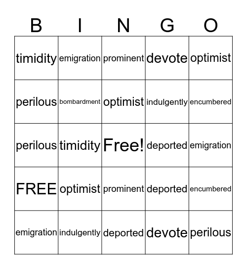 NIGHT-Chapter 1 Vocabulary Bingo Card