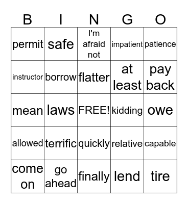 Vocabulary  Bingo Card