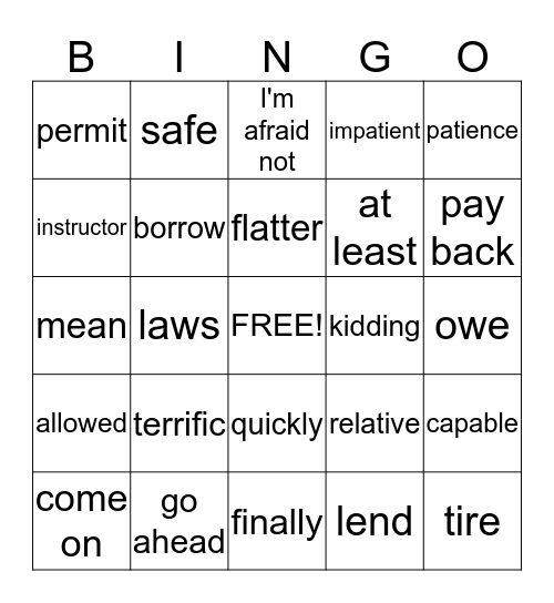 Vocabulary  Bingo Card