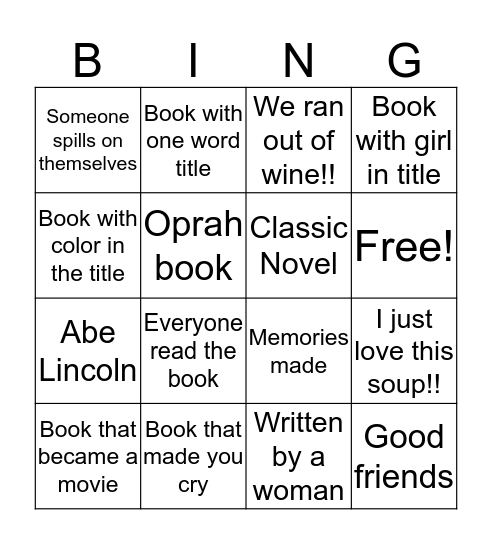 Book Club Friendsgiving Bingo Card