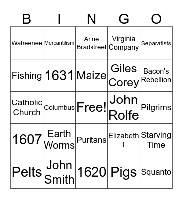 U.S. History Test 1 Bingo Card