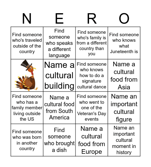 1st Annual NERO Cultural Feast Bingo Card