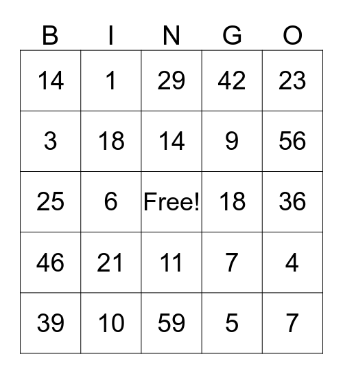French Numbers Bingo Card