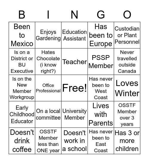 NEW MEMBER BINGO Card