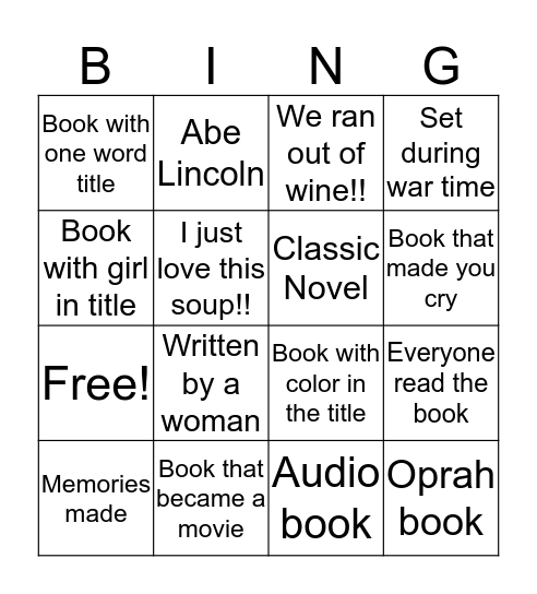 Book Club Friendsgiving Bingo Card